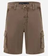 Bermuda cargo para hombre en sarga gris oscuro, con bolsillos laterales con solapa y cierre de botón y cremallera.
