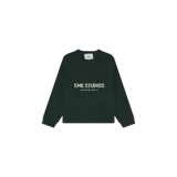 Sweater de punto Eme Studios color verde oscuro, de manga larga, con cuello redondo y el logotipo de la marca estampado en el pecho en color blanco.
