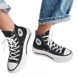Championes Converse Chuck Taylor All Star Lift de caña alta, color negro con detalles en blanco, plataforma con doble suela y cordones blancos.