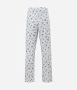 Pijama largo para hombre confeccionado en algodón, compuesto por una remera de manga corta blanca con cuello redondo celeste y estampa frontal de Snoopy, y un pantalón largo celeste con estampado general de Snoopy y cintura elástica.