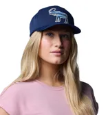 Gorra snapback azul marino con visera curva y parche frontal bordado con la silueta de un alce y un paisaje de montañas y lago en tonos azules y verdes.