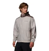 Campera cortaviento Columbia Flashback II Wind para hombre, de color gris claro con capucha y detalles en marrón en la parte superior y laterales. Cuenta con cierre frontal de cremallera y bolsillos laterales.