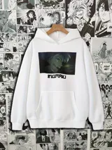 Canguro blanco con capucha y bolsillo frontal, con estampado de Inumaki de Jujutsu Kaisen y texto "INUMAKI".