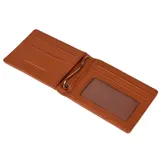 Billetera de cuero color marrón con diseño de doble pliegue y logo de la marca grabado en la parte frontal.