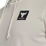 Buzo Under Armour de hombre, color negro, con capucha y cordones ajustables. Presenta el logo de Project Rock en el pecho y la inscripción "Project Rock" en la manga izquierda.
