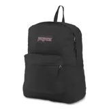 Mochila Jansport Superbreak Plus negra con logo de la marca en el frente, bolsillo frontal con cierre y bolsillo lateral para botella.