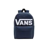 Mochila Vans Old Skool Drop V azul marino con logo blanco. Tiene un compartimento principal amplio, un bolsillo delantero con cierre y panel de organización, y un bolsillo lateral para botella de agua.