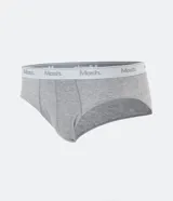 Calzoncillo slip gris de media malla con cintura elástica blanca con logo Mash.
