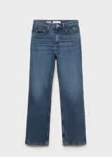 Pantalón de jean de corte recto y tiro medio, con cierre frontal de cremallera y botón, y diseño clásico de cinco bolsillos.