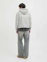 Canguro gris melange con capucha, mangas largas y bolsillo tipo canguro. Estampado en la espalda con la inscripción "Oakwood Nine Zero 90291 LA County".