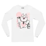 Remera de manga larga color blanco con estampa frontal de un gato de la suerte estilo japonés en tonos rosados y negros.