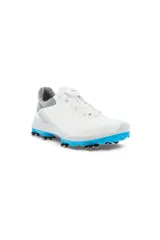 Championes de golf Ecco W Golf, color blanco con detalles en gris y celeste. Confeccionados en cuero Ecco, con tecnología GORE-TEX impermeable y tecnología BIOM® NATURAL MOTION®.