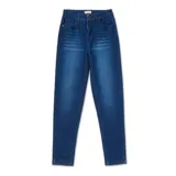 Pantalón de jean azul índigo con diseño de cinco bolsillos, cierre de cremallera y botón metálico. Presenta un corte ajustado a lo largo de la pierna y un acabado de lavado localizado en la parte frontal.