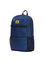 Mochila urbana Cat modelo Liam, color azul, con bolsillo frontal con cierre, bolsillos laterales de malla y logo de la marca en parche amarillo.