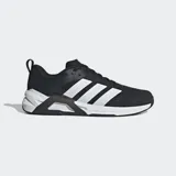 Championes de entrenamiento Adidas Dropset Control, color negro con las tres tiras características en blanco y detalles en la suela y talón. Confeccionados en malla transpirable, ideales para levantamiento de pesas y entrenamiento funcional.