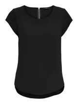Camiseta básica negra de manga corta, con cuello redondo y diseño de espalda más larga.