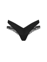 Tanga de microfibra negra de tiro bajo, con diseño de aberturas laterales y detalles de encaje floral elástico.