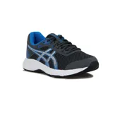 Championes Asics Raiden 3 de running para hombre, en color gris oscuro con detalles en azul eléctrico y blanco. Capellada de malla transpirable con soportes sintéticos y suela de goma con amortiguación.