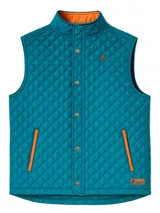 Chaleco azul con diseño de rombos acolchado, cuello alto y cierre con botones a presión.