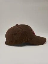 Gorra de béisbol de pana azul marino con parche lateral con el logo de la marca Benson & Thomas.