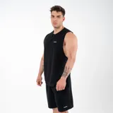 Musculosa unisex negra de algodón, con estampado serigráfico en el frente con la palabra "GAINS." y en la espalda con la palabra "PERSISTENCE".