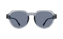 Lentes de sol con montura redonda de acetato transparente gris y lentes grises.