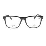 Armazón de lentes Lacoste con diseño rectangular y marco de acetato negro. Incluye sistema clip-on para convertir en lentes de sol.