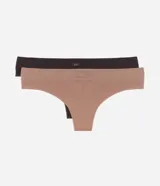 Kit de dos bombachas tipo bikini hilo, una en color marrón oscuro y otra en color nude. Confeccionadas en poliamida sin costuras, con diseño cavado, alta elasticidad y cintura cómoda.