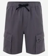 Bermuda gris de sarga ligera con cintura elástica ajustable con cordón y bolsillos cargo laterales.