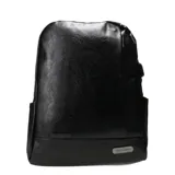 Mochila negra de cuero sintético con compartimento para notebook, puerto USB, bolsillo externo y bolsillo interno.