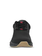 Championes deportivos de tejido knit color negro, con cordones y detalle de líneas rojas. Presentan una suela tecnológica con diseño ergonómico para mayor estabilidad y amortiguación.