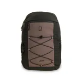 Mochila de hiking de 28 litros color negro y marrón, con dos compartimentos principales de doble cierre y un bolsillo adicional con cierre en el panel frontal que incluye un sistema elástico de cordón. Cuenta con dos bolsillos laterales elásticos y un bolsillo oculto en la parte trasera para un acceso fácil. En el interior, ofrece un compartimento para laptop y un bolsillo de malla para objetos pequeños.