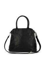 Cartera tipo tote de Hush Puppies en color negro, confeccionada en una combinación de cuero sintético y gamuza. Presenta doble asa de mano, correa ajustable y extraíble para el hombro, bolsillo frontal con cierre y detalle de borla decorativa.
