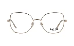 Armazón de lentes Lancel, de metal color dorado, con forma geométrica y varillas transparentes.