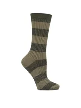 Medias de largo medio con diseño a rayas horizontales en tonos verde y beige, confeccionadas en tejido de punto con acabado brillante de lúrex.