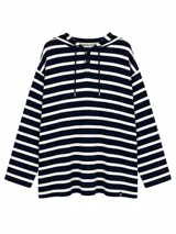 Remera de manga larga con capucha y cierre frontal parcial con botones, diseño a rayas horizontales en azul oscuro y blanco.