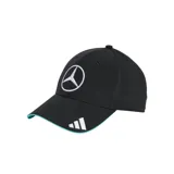 Gorro tipo gorra deportiva Adidas de la escudería Mercedes-AMG Petronas, color negro con el logo de Mercedes bordado en el frente y el logo de Adidas en la visera. Presenta detalles en color turquesa en el borde de la visera.