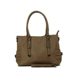 Cartera tipo tote de cuero sintético color negro, con doble asa de mano y correa larga desmontable.