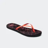 Ojotas Reef negras con estampado de flores rosas y tiras naranjas.