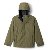 Campera impermeable Columbia Watertight II de color verde militar, con capucha incorporada, cierre frontal con solapa y bolsillos laterales con cierre.