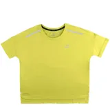 Remera deportiva Topper de manga corta, color amarillo lima, con tecnología Dry-Cool para mayor transpirabilidad. Presenta detalles reflectantes en los hombros y paneles de malla en la parte superior y el ruedo.