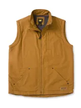 Chaleco Caterpillar de corte clásico, color marrón, con cierre frontal completo, cuello alto, bolsillos delanteros tipo canguro y bolsillo vertical con cierre en el pecho. Cuenta con forro interior y detalles de marca.