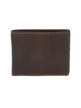 Billetera plegable de cuero natural color marrón con costuras a la vista en tono contrastante y logo de la marca grabado en la esquina inferior. Cuenta con protección RFID para seguridad de datos.