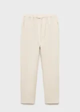 Pantalón recto de lino color beige, con cintura elástica y cordón ajustable.