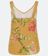 Blusa musculosa de viscosa con estampado de hojas, escote en V y tirantes anchos con detalle de botón en la espalda.