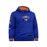 Canguro con capucha azul de los New York Knicks, con interior de capucha en color naranja, bolsillo tipo canguro y parches bordados en las mangas y el frente.