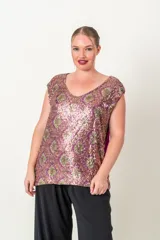 Blusa italiana sin mangas con escote en V, combinada con paillettes en el frente y lisa en la espalda.