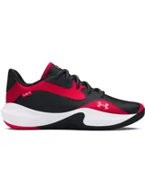 Championes de básquetbol Under Armour Lockdown 7 Low, con diseño de corte bajo. Presentan una combinación de colores negro y rojo, con entresuela blanca de EVA para amortiguación y suela de caucho con patrón de tracción en espiga.