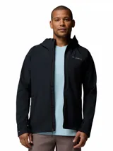 Campera softshell híbrida Columbia Trailborne para hombre, de color negro, con capucha, cierre frontal y bolsillos con cremallera. Cuenta con tecnología Omni-Shield de repelencia al agua y detalles reflectantes.
