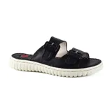 Sandalia casual color peltre con dos tiras anchas con hebillas metálicas ajustables y plantilla anatómica.